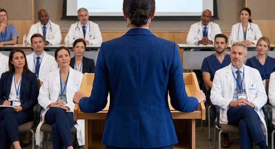 Intervention de patiente partenaire devant une équipe soignante